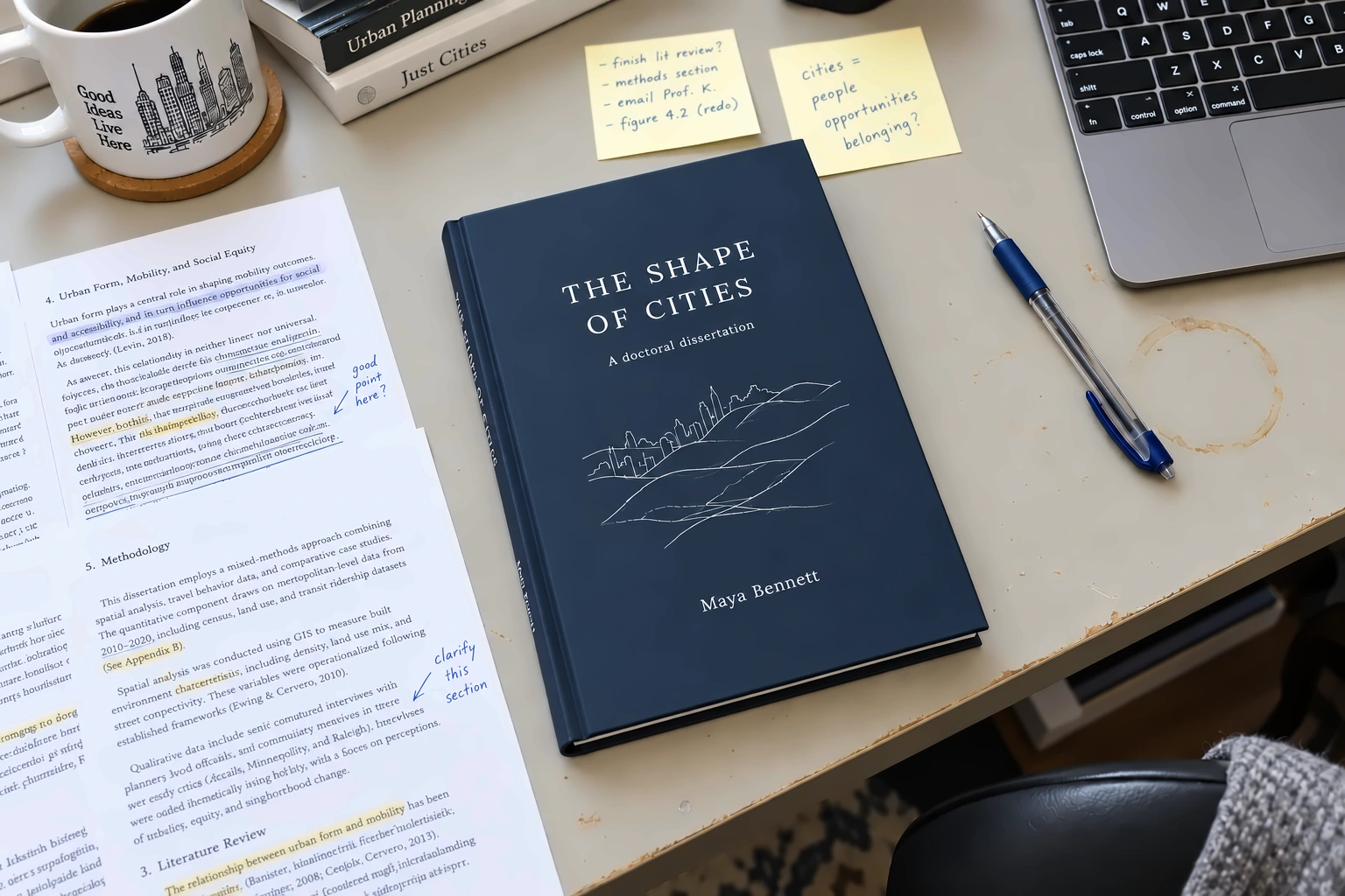 A navy dissertation hardcover beside manuscript pages on a desk.